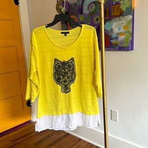 Signature Studio Lemon Yellow Sweater W Navy Blue Owl & Faux Shirt Hem Size XL